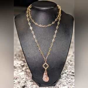 Hand Crafted Gold-Tone Bysantine Cross Necklace with Pink Pearl Drop Long Length